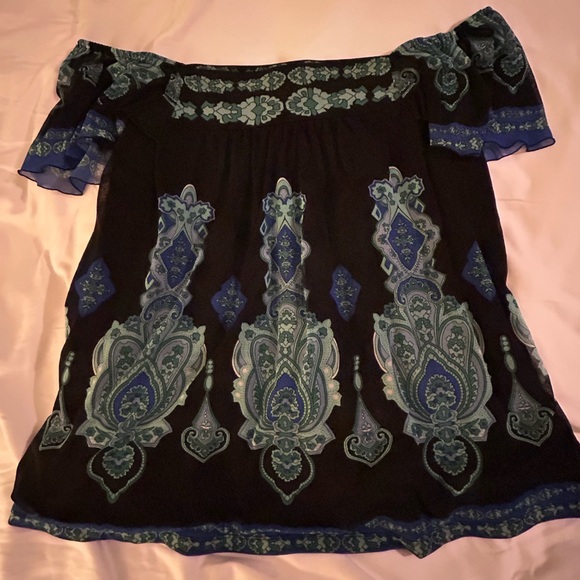 INC International Concepts Mesh Black & Blue Ruffled sleeve on/off shoulder 1X - Picture 11 of 11